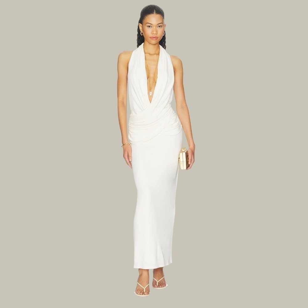 MISHA The Cabana Cupro Dress Ivory Halter Maxi Draped Open Back